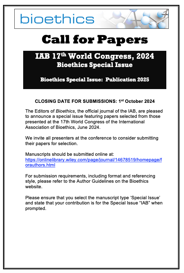 Call for Papers - IAB 17th World Congress, 2024 Bioethics Special Issue